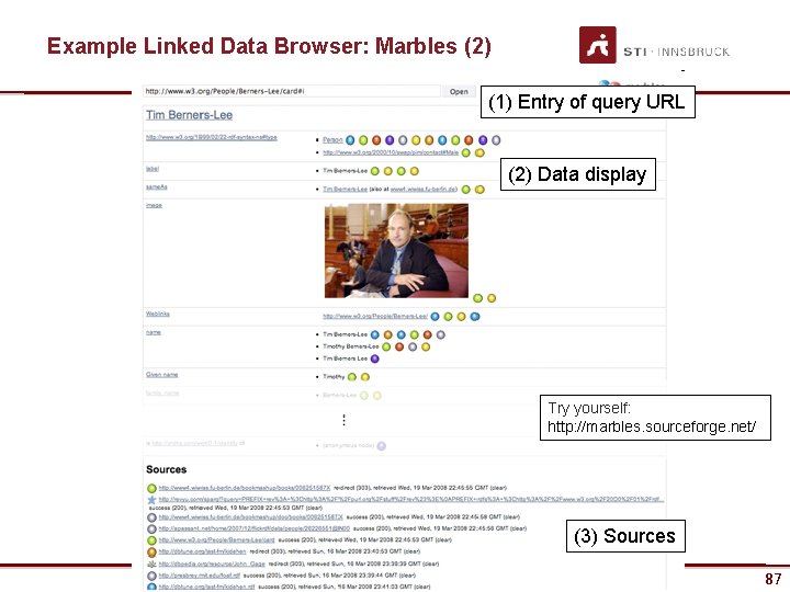 Example Linked Data Browser: Marbles (2) (1) Entry of query URL (2) Data display