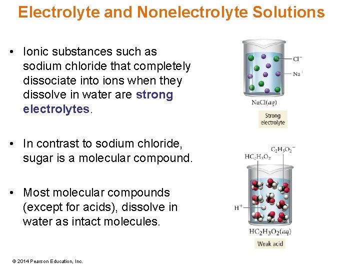 Electrolyte and Nonelectrolyte Solutions • Ionic substances such as sodium chloride that completely dissociate