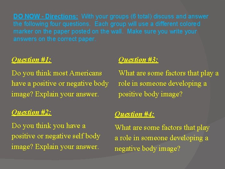 DO NOW - Directions: With your groups (6 total) discuss and answer the following