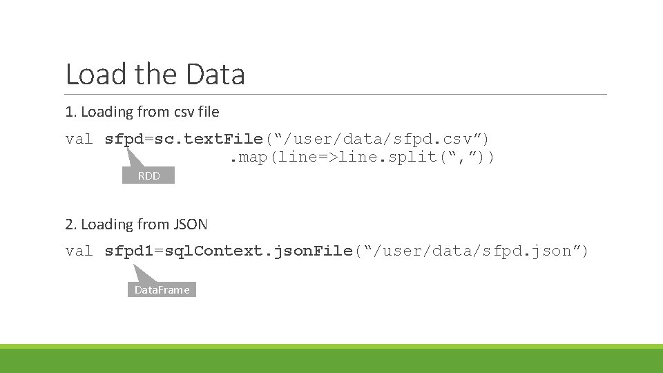 Load the Data 1. Loading from csv file val sfpd=sc. text. File(“/user/data/sfpd. csv”). map(line=>line.