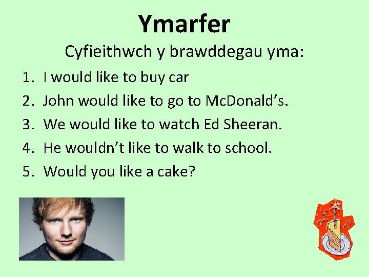 Ymarfer Cyfieithwch y brawddegau yma: 1. 2. 3. 4. 5. I would like to