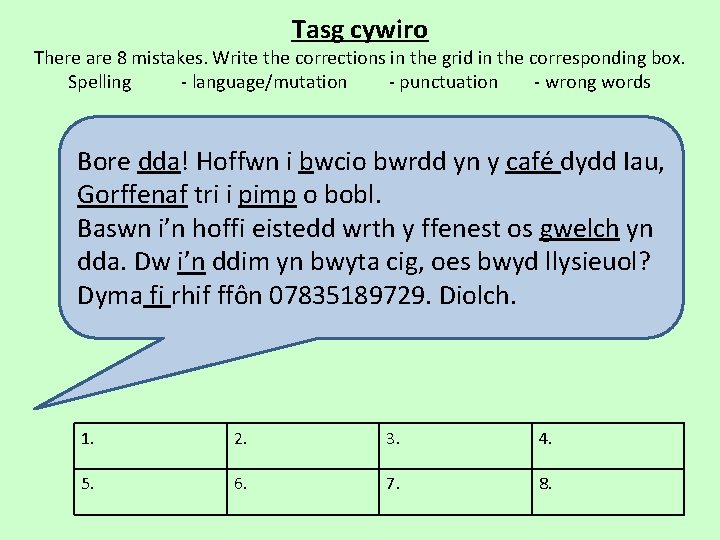 Tasg cywiro There are 8 mistakes. Write the corrections in the grid in the