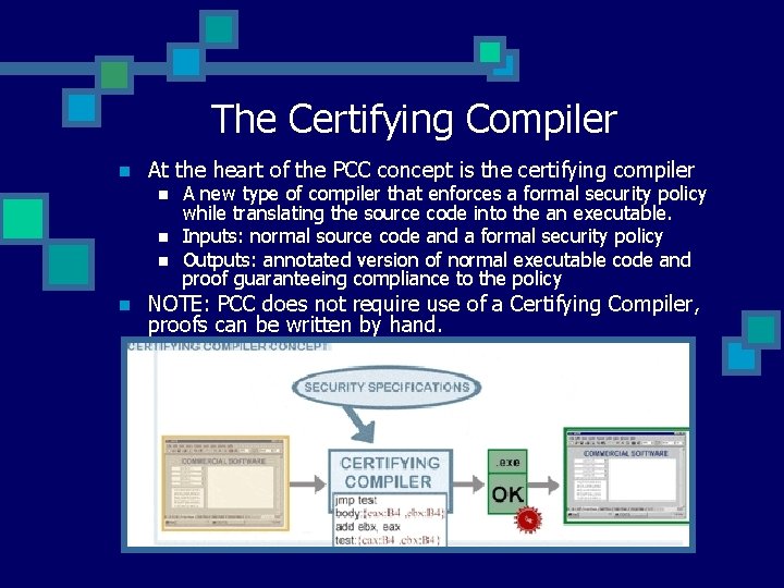 The Certifying Compiler n At the heart of the PCC concept is the certifying