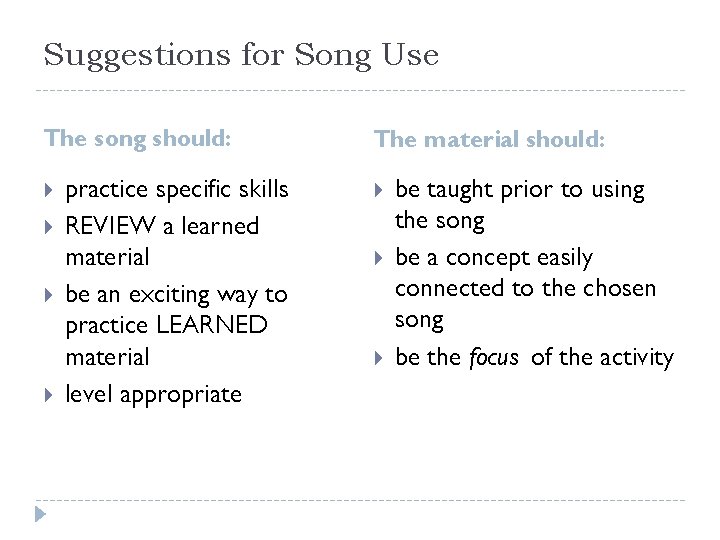 Suggestions for Song Use The song should: practice specific skills REVIEW a learned material