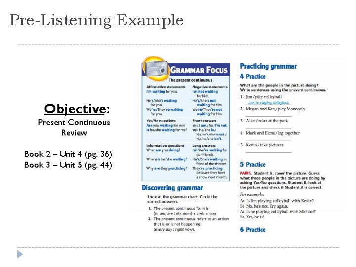Pre-Listening Example Objective: Present Continuous Review Book 2 – Unit 4 (pg. 36) Book