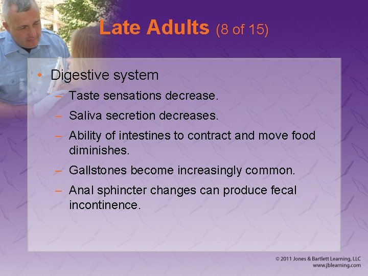 Late Adults (8 of 15) • Digestive system – Taste sensations decrease. – Saliva