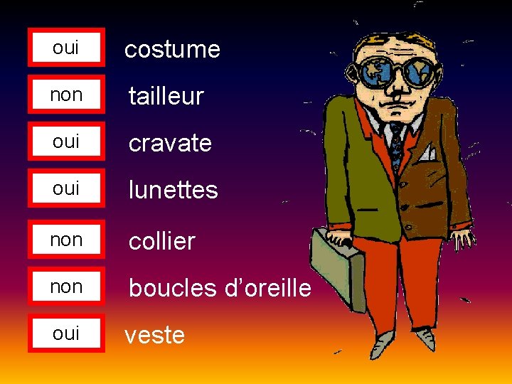 oui costume non tailleur oui cravate oui lunettes non collier non boucles d’oreille oui