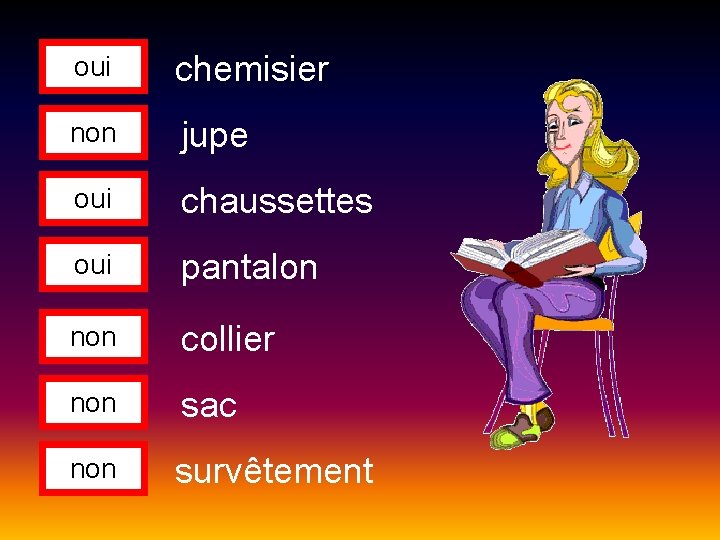 oui chemisier non jupe oui chaussettes oui pantalon non collier non sac non survêtement