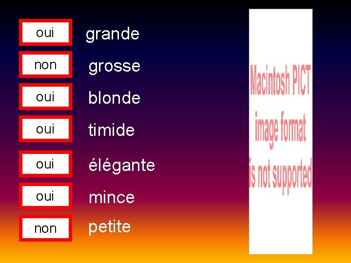 oui grande non grosse oui blonde oui timide oui élégante oui mince non petite