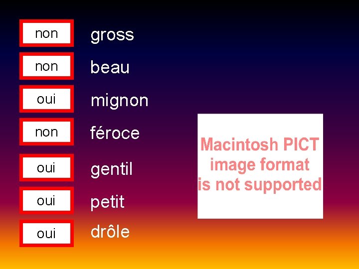 non gross non beau oui mignon féroce oui gentil oui petit oui drôle 