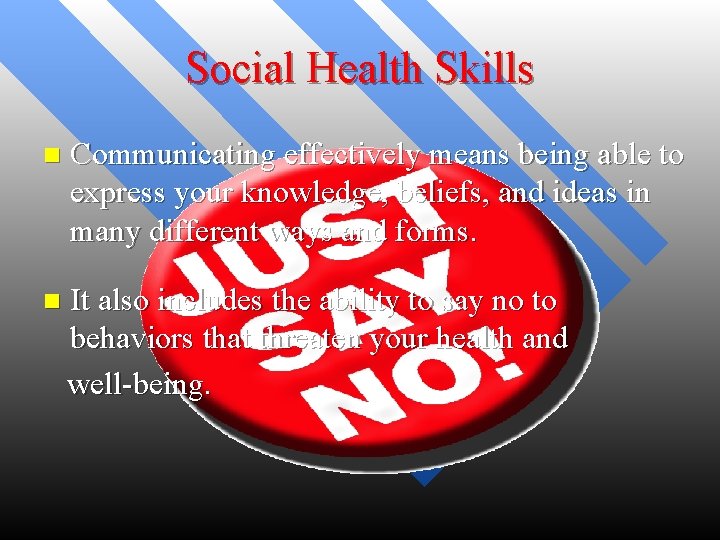 Social Health Skills n Communicating effectively means being able to express your knowledge, beliefs,