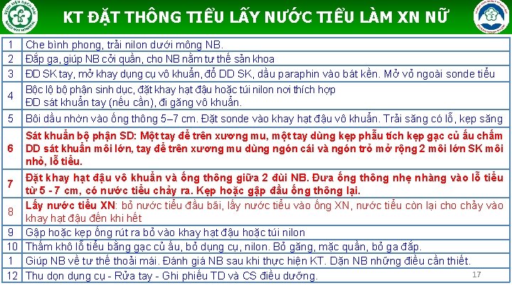 KT ĐẶT THÔNG TIỂU LẤY NƯỚC TIỂU LÀM XN NỮ 1 Che bình phong,