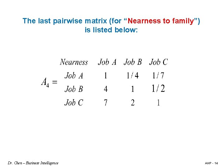 The last pairwise matrix (for “Nearness to family”) is listed below: Dr. Chen –