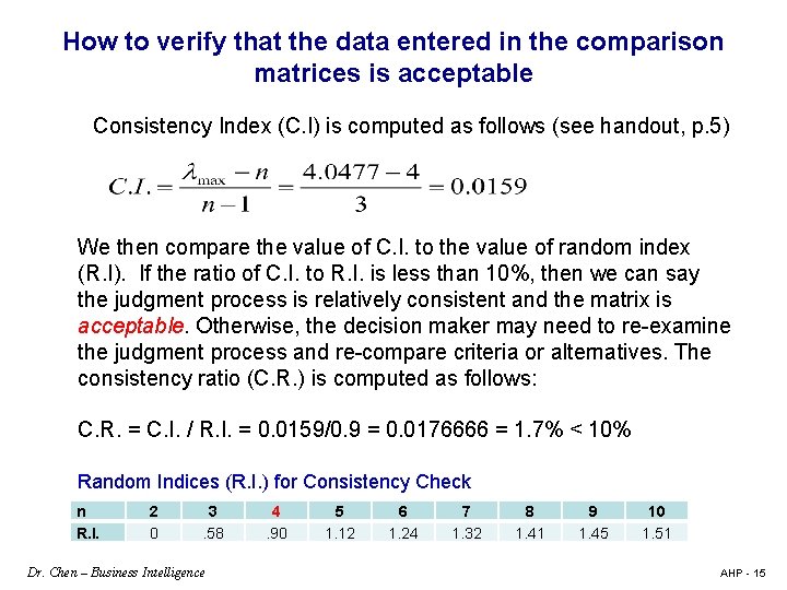 How to verify that the data entered in the comparison matrices is acceptable Consistency
