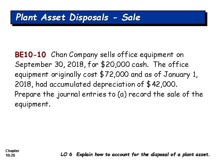 Plant Asset Disposals - Sale BE 10 -10 Chan Company sells office equipment on