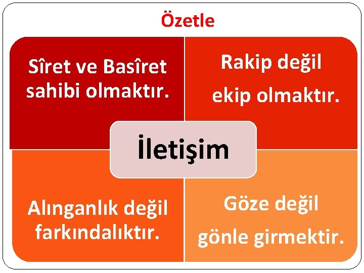 Özetle Sîret ve Basîret sahibi olmaktır. Rakip değil ekip olmaktır. İletişim Alınganlık değil farkındalıktır.