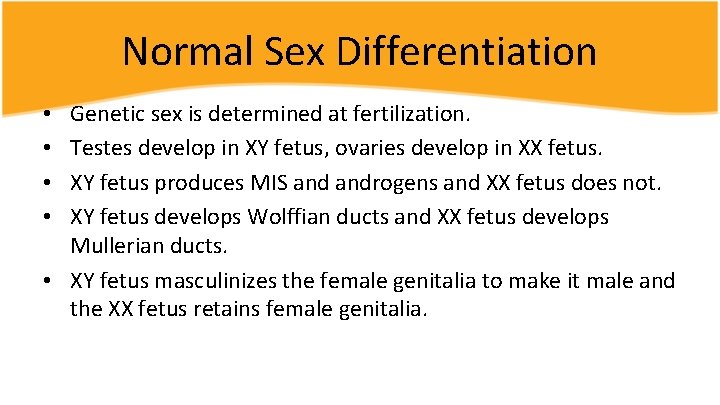 Normal Sex Differentiation Genetic sex is determined at fertilization. Testes develop in XY fetus,