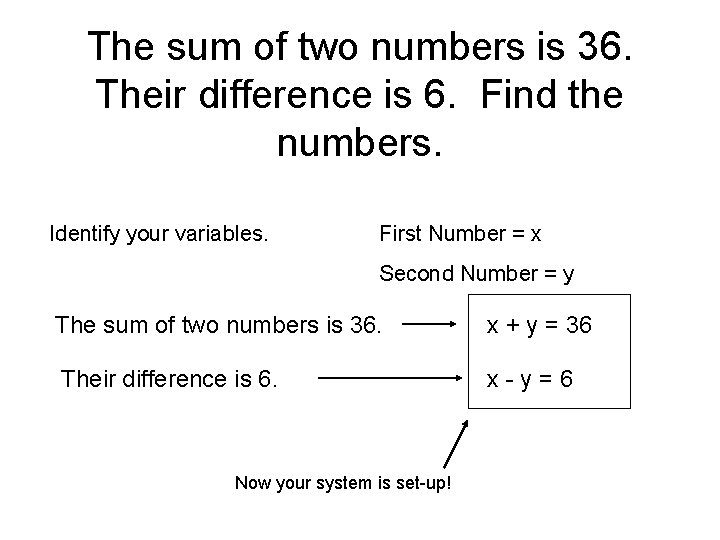 The sum of two numbers is 36. Their difference is 6. Find the numbers.