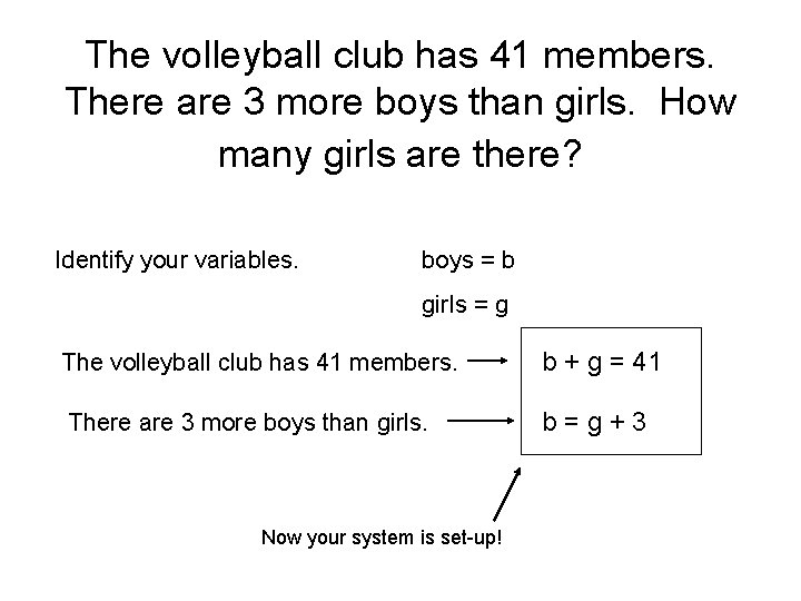 The volleyball club has 41 members. There are 3 more boys than girls. How