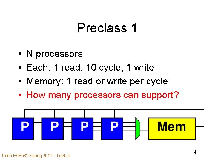 Preclass 1 • • N processors Each: 1 read, 10 cycle, 1 write Memory: