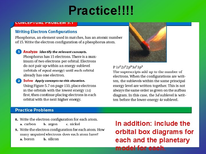 Practice!!!! In addition: include the orbital box diagrams for each and the planetary model
