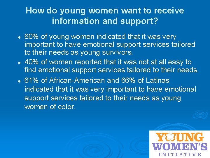 How do young women want to receive information and support? l l l 60%