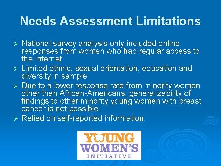 Needs Assessment Limitations National survey analysis only included online responses from women who had