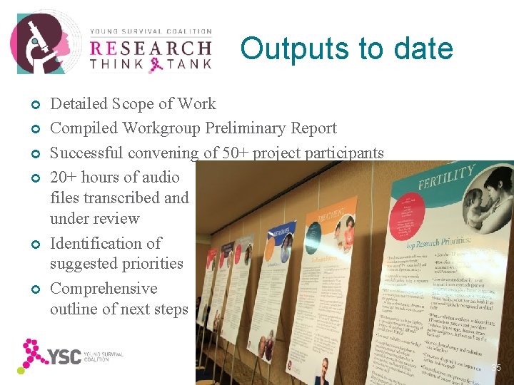 Outputs to date Detailed Scope of Work Compiled Workgroup Preliminary Report Successful convening of