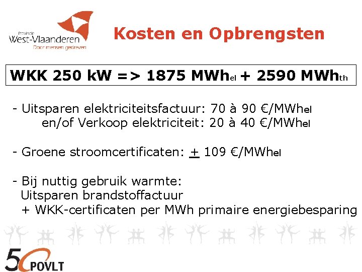 Kosten en Opbrengsten WKK 250 k. W => 1875 MWhel + 2590 MWhth -