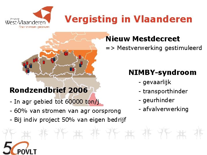 Vergisting in Vlaanderen Nieuw Mestdecreet => Mestverwerking gestimuleerd NIMBY-syndroom - gevaarlijk Rondzendbrief 2006 -