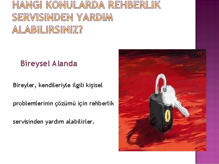 Bireysel Alanda Bireyler, kendileriyle ilgili kişisel problemlerinin çözümü için rehberlik servisinden yardım alabilirler. 