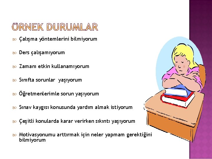  Çalışma yöntemlerini bilmiyorum Ders çalışamıyorum Zamanı etkin kullanamıyorum Sınıfta sorunlar yaşıyorum Öğretmenlerimle sorun