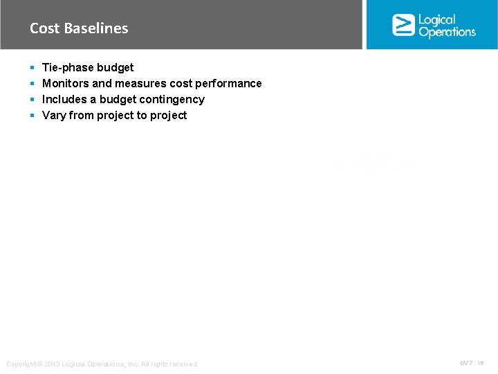 Cost Baselines § § Tie-phase budget Monitors and measures cost performance Includes a budget