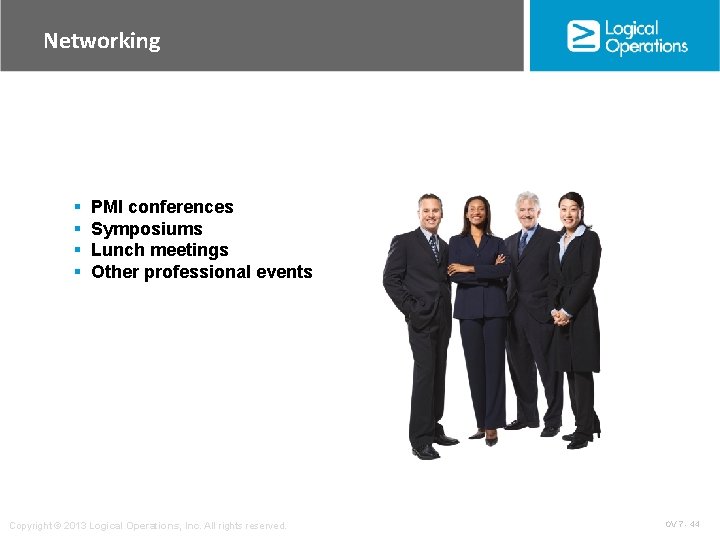 Networking § § PMI conferences Symposiums Lunch meetings Other professional events Copyright © 2013