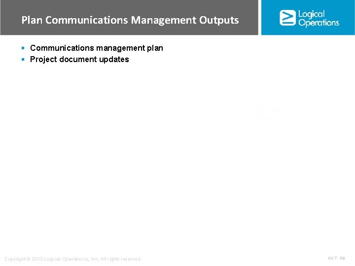 Plan Communications Management Outputs § Communications management plan § Project document updates Copyright ©