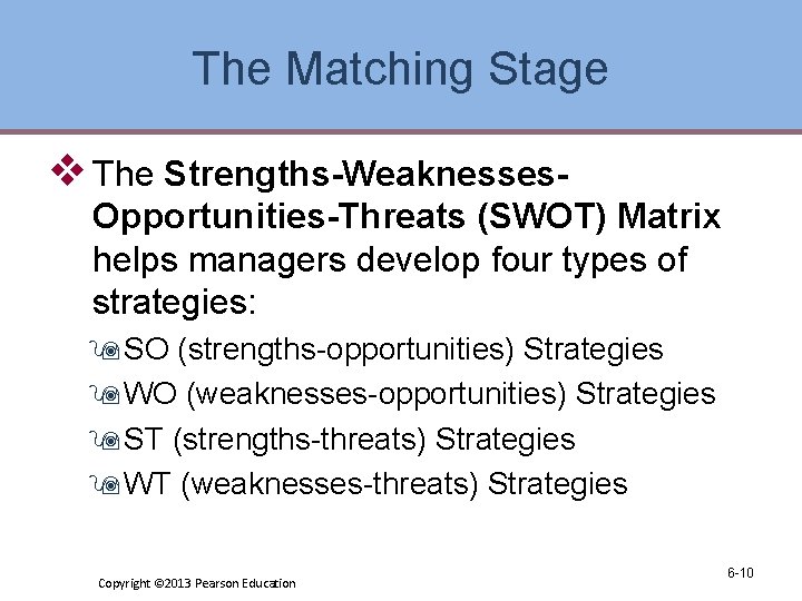 The Matching Stage v The Strengths-Weaknesses. Opportunities-Threats (SWOT) Matrix helps managers develop four types