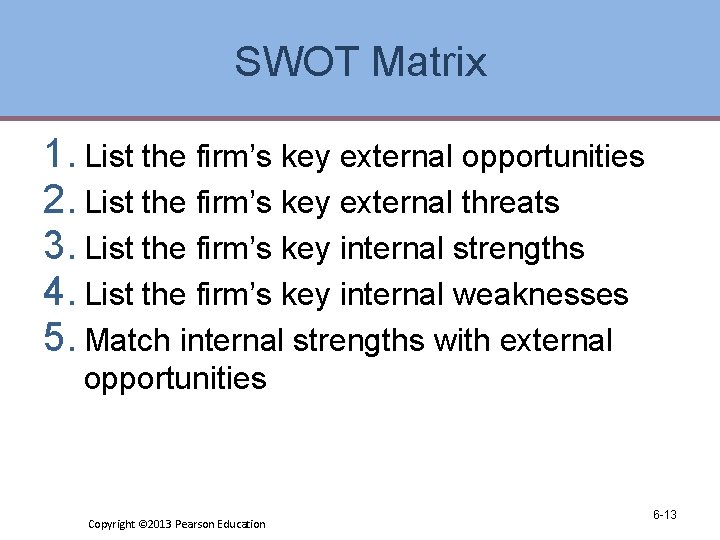 SWOT Matrix 1. List the firm’s key external opportunities 2. List the firm’s key