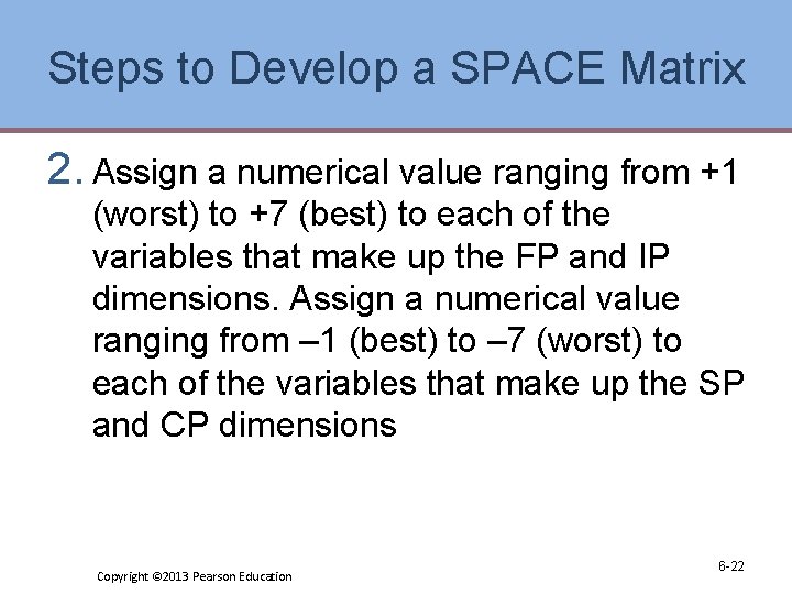 Steps to Develop a SPACE Matrix 2. Assign a numerical value ranging from +1