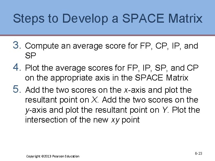 Steps to Develop a SPACE Matrix 3. 4. 5. Compute an average score for