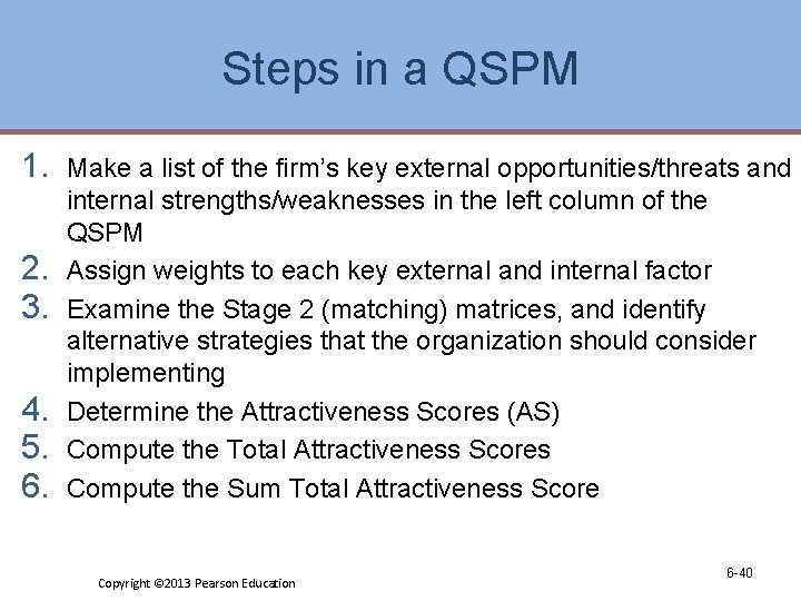 Steps in a QSPM 1. 2. 3. 4. 5. 6. Make a list of