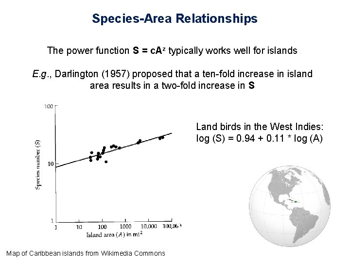 Species-Area Relationships The power function S = c. Az typically works well for islands