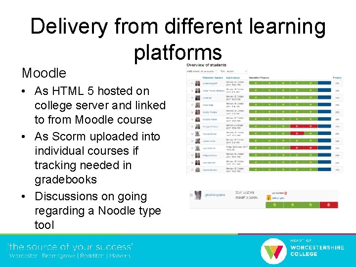 Delivery from different learning platforms Moodle • As HTML 5 hosted on college server