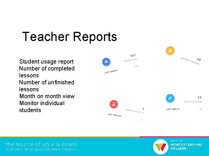 Teacher Reports ● Student usage report ● Number of completed lessons ● Number of