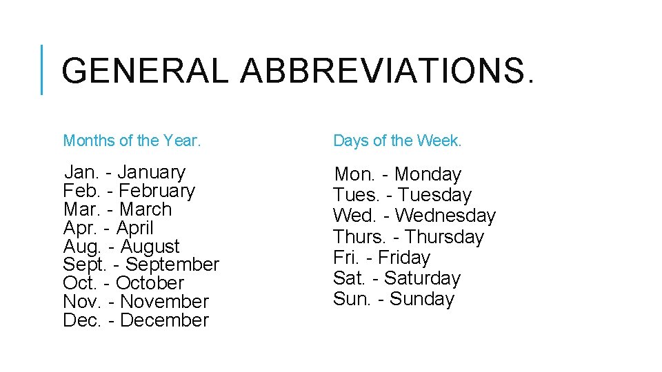 GENERAL ABBREVIATIONS. Months of the Year. Days of the Week. Jan. - January Feb.