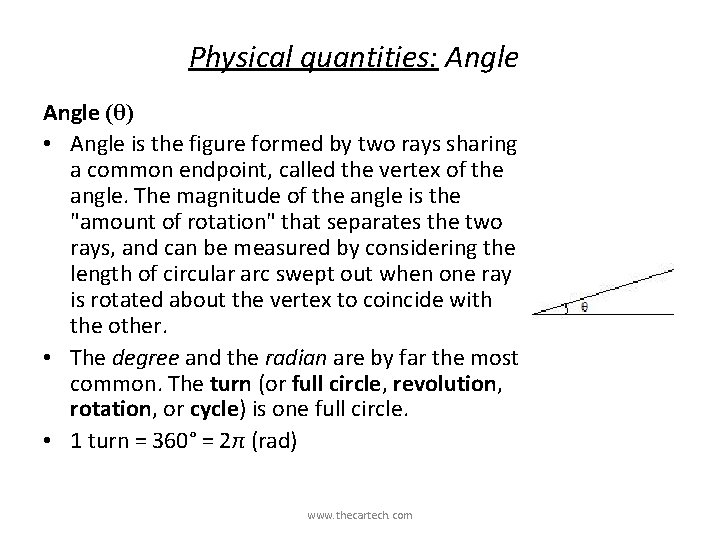 Physical quantities: Angle (θ) • Angle is the figure formed by two rays sharing