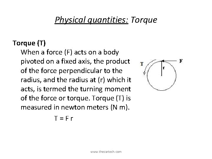 Physical quantities: Torque (T) When a force (F) acts on a body pivoted on