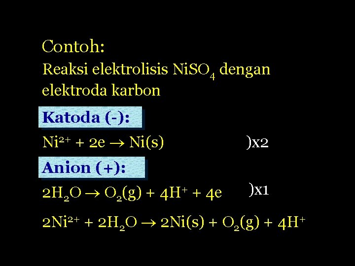 Contoh: Reaksi elektrolisis Ni. SO 4 dengan elektroda karbon Katoda (-): Ni 2+ +