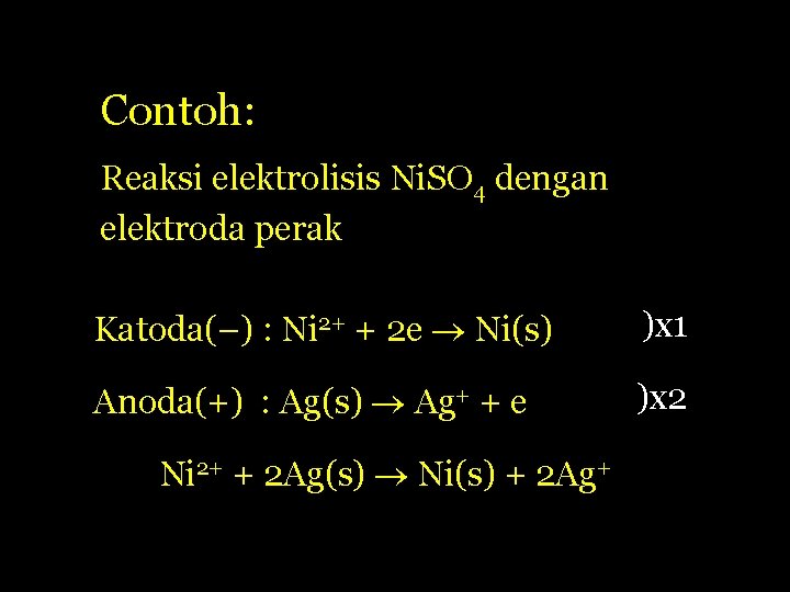 Contoh: Reaksi elektrolisis Ni. SO 4 dengan elektroda perak Katoda(–) : Ni 2+ +