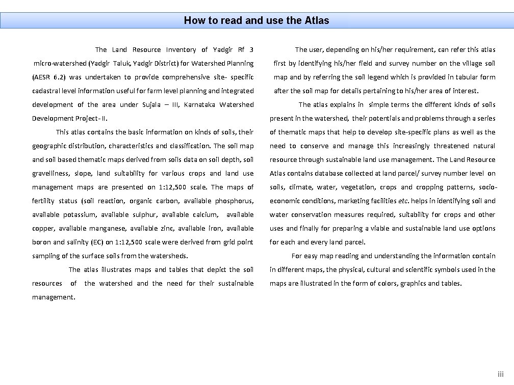 How to read and use the Atlas The Land Resource Inventory of Yadgir Rf