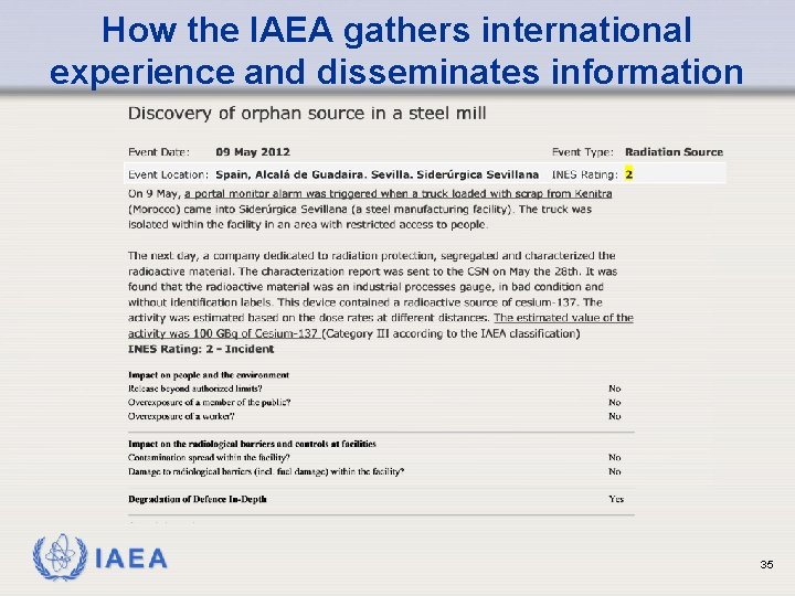 How the IAEA gathers international experience and disseminates information IAEA 35 
